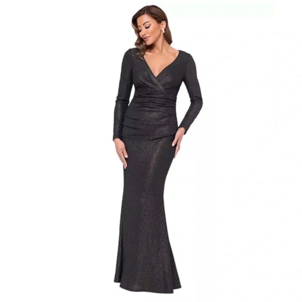 XSCAPE Women's Ruched Foil-Knit Long-Sleeve Formal Gown Black/Gold 10 New